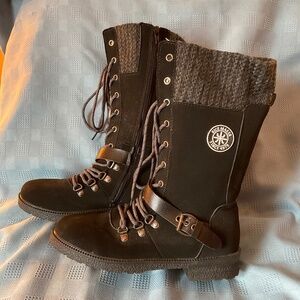 Rice Maker Women’s Zip Lace Boots Black Sz 41 (8) Faux Suede Knit Detail